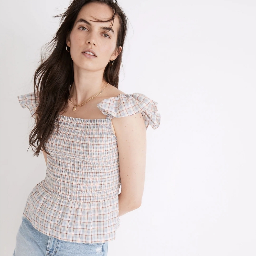 Madewell Seersucker Lucie Smocked Peplum - Picture 1 of 6